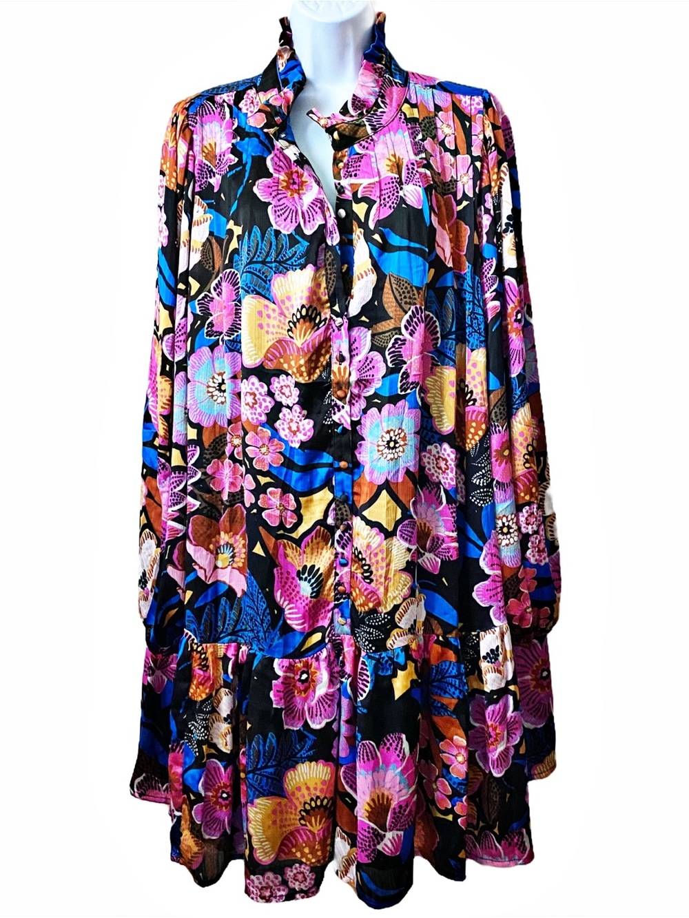 Sugarlips, Kadence Long Sleeve Floral Groover Button Up Mini Dress Boho Party